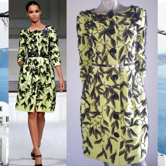 *$7,000 OSCAR DE LA RENTA EXQUISITE GREEN SILK BEAD LEAF RUNWAY COAT 4 - Picture 11 of 13